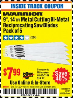 Harbor Freight ITC Coupon 9" 14 TPI METAL CUTTING BI-METAL RECIPROCATING SAW BLADES-  PACK OF 5 Lot No. 68949/62129/68038 Expired: 7/31/20 - $7.99