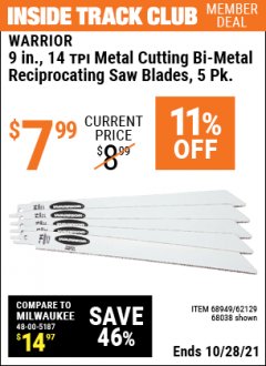 Harbor Freight ITC Coupon 9" 14 TPI METAL CUTTING BI-METAL RECIPROCATING SAW BLADES-  PACK OF 5 Lot No. 68949/62129/68038 Expired: 10/28/21 - $7.99