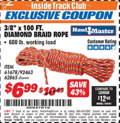 Harbor Freight ITC Coupon 3/8" X 100 FT DIAMOND BRAID ROPE Lot No. 61678/62865/92463 Expired: 11/30/18 - $6.99