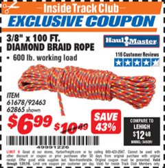 Harbor Freight ITC Coupon 3/8" X 100 FT DIAMOND BRAID ROPE Lot No. 61678/62865/92463 Expired: 1/31/19 - $6.99