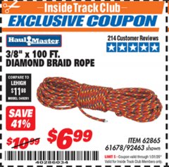 Harbor Freight ITC Coupon 3/8" X 100 FT DIAMOND BRAID ROPE Lot No. 61678/62865/92463 Expired: 1/31/20 - $6.99