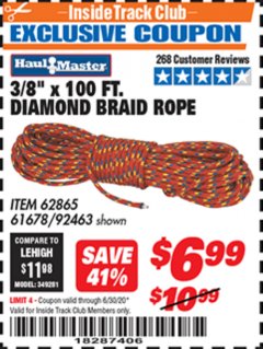 Harbor Freight ITC Coupon 3/8" X 100 FT DIAMOND BRAID ROPE Lot No. 61678/62865/92463 Expired: 6/30/20 - $6.99