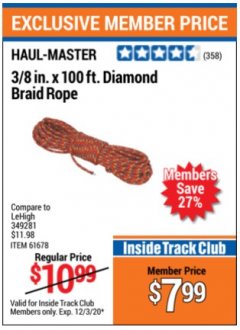 Harbor Freight ITC Coupon 3/8" X 100 FT DIAMOND BRAID ROPE Lot No. 61678/62865/92463 Expired: 12/3/20 - $7.99