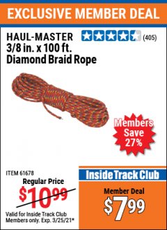 Harbor Freight ITC Coupon 3/8" X 100 FT DIAMOND BRAID ROPE Lot No. 61678/62865/92463 Expired: 3/25/21 - $7.99
