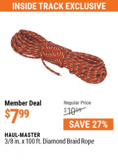 Harbor Freight ITC Coupon 3/8" X 100 FT DIAMOND BRAID ROPE Lot No. 61678/62865/92463 Expired: 5/31/21 - $7.99