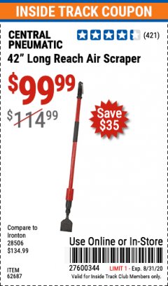 Harbor Freight ITC Coupon CENTRAL PNEUMATIC 42 IN. LONG REACH AIR SCRAPER Lot No. 62687 Expired: 8/31/20 - $99.99