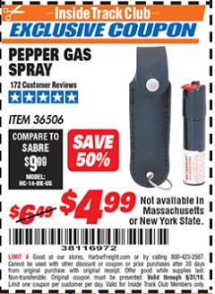 Harbor Freight ITC Coupon PEPPER GAS SPRAY Lot No. 36506 Expired: 8/31/19 - $4.99