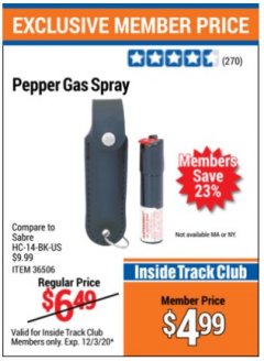 Harbor Freight ITC Coupon PEPPER GAS SPRAY Lot No. 36506 Expired: 12/3/20 - $4.99