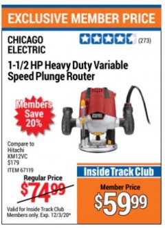 Harbor Freight Coupon 1.5 HP HEAVY DUTY VARIABLE SPEED PLUNGE ROUTER Lot No. 67119 Expired: 12/3/20 - $59.99