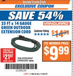 Harbor Freight ITC Coupon VANGUARD 25 FT. X 14/3 GAUGE OUTDOOR EXTENSION CORD, GREEN Lot No. 62929 Expired: 11/20/18 - $9.99