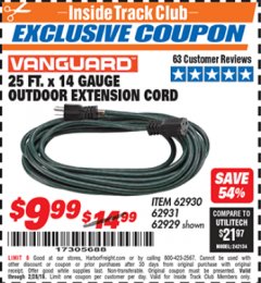 Harbor Freight ITC Coupon VANGUARD 25 FT. X 14/3 GAUGE OUTDOOR EXTENSION CORD, GREEN Lot No. 62929 Expired: 2/28/19 - $9.99