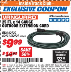 Harbor Freight ITC Coupon VANGUARD 25 FT. X 14/3 GAUGE OUTDOOR EXTENSION CORD, GREEN Lot No. 62929 Expired: 4/30/19 - $9.99