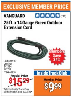 Harbor Freight ITC Coupon VANGUARD 25 FT. X 14/3 GAUGE OUTDOOR EXTENSION CORD, GREEN Lot No. 62929 Expired: 12/3/20 - $9.99