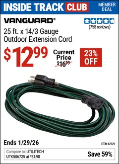 Harbor Freight ITC Coupon VANGUARD 25 FT. X 14/3 GAUGE OUTDOOR EXTENSION CORD, GREEN Lot No. 62929 Valid Thru: 1/29/26 - $12.99