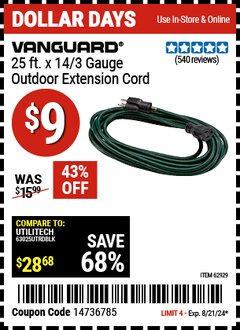 Harbor Freight Coupon VANGUARD 25 FT. X 14/3 GAUGE OUTDOOR EXTENSION CORD, GREEN Lot No. 62929 Expired: 8/21/24 - $9
