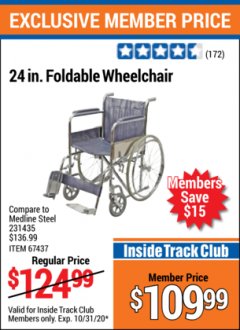 Harbor Freight ITC Coupon 24" FOLDABLE WHEELCHAIR Lot No. 67437 Expired: 10/31/20 - $109.99