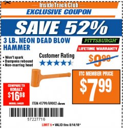 Harbor Freight ITC Coupon 3 LB. NEON DEAD BLOW HAMMER Lot No. 41799/69002 Expired: 8/14/18 - $7.99