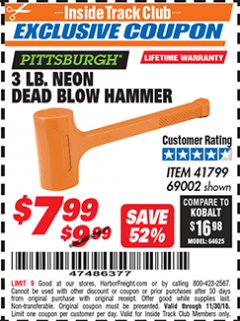 Harbor Freight ITC Coupon 3 LB. NEON DEAD BLOW HAMMER Lot No. 41799/69002 Expired: 11/30/18 - $7.99