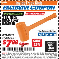 Harbor Freight ITC Coupon 3 LB. NEON DEAD BLOW HAMMER Lot No. 41799/69002 Expired: 1/31/19 - $7.99