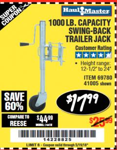 Harbor Freight Coupon 1000 LB. CAPACITY SWING-BACK TRAILER JACK Lot No. 41005/69780 Expired: 5/19/18 - $17.99