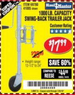 Harbor Freight Coupon 1000 LB. CAPACITY SWING-BACK TRAILER JACK Lot No. 41005/69780 Expired: 7/28/18 - $17.99