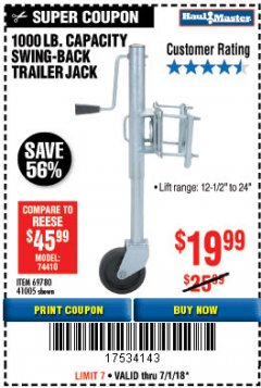 Harbor Freight Coupon 1000 LB. CAPACITY SWING-BACK TRAILER JACK Lot No. 41005/69780 Expired: 7/31/18 - $19.99