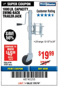 Harbor Freight Coupon 1000 LB. CAPACITY SWING-BACK TRAILER JACK Lot No. 41005/69780 Expired: 7/22/18 - $19.99