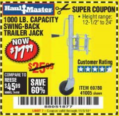 Harbor Freight Coupon 1000 LB. CAPACITY SWING-BACK TRAILER JACK Lot No. 41005/69780 Expired: 11/3/18 - $17.99