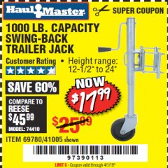 Harbor Freight Coupon 1000 LB. CAPACITY SWING-BACK TRAILER JACK Lot No. 41005/69780 Expired: 4/1/19 - $17.99