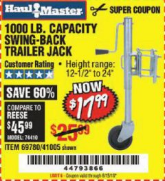 Harbor Freight Coupon 1000 LB. CAPACITY SWING-BACK TRAILER JACK Lot No. 41005/69780 Expired: 6/15/19 - $17.99