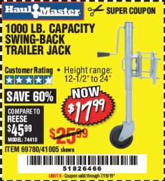 Harbor Freight Coupon 1000 LB. CAPACITY SWING-BACK TRAILER JACK Lot No. 41005/69780 Expired: 7/19/19 - $17.99