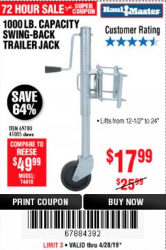 Harbor Freight Coupon 1000 LB. CAPACITY SWING-BACK TRAILER JACK Lot No. 41005/69780 Expired: 4/28/19 - $17.99