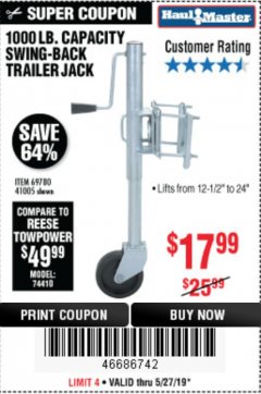 Harbor Freight Coupon 1000 LB. CAPACITY SWING-BACK TRAILER JACK Lot No. 41005/69780 Expired: 5/31/19 - $17.99