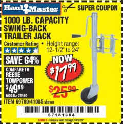 Harbor Freight Coupon 1000 LB. CAPACITY SWING-BACK TRAILER JACK Lot No. 41005/69780 Expired: 10/3/19 - $17.99