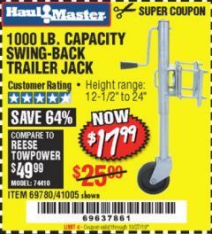 Harbor Freight Coupon 1000 LB. CAPACITY SWING-BACK TRAILER JACK Lot No. 41005/69780 Expired: 10/27/19 - $17.99