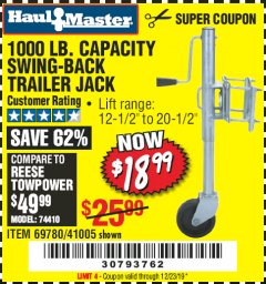 Harbor Freight Coupon 1000 LB. CAPACITY SWING-BACK TRAILER JACK Lot No. 41005/69780 Expired: 12/23/19 - $18.99