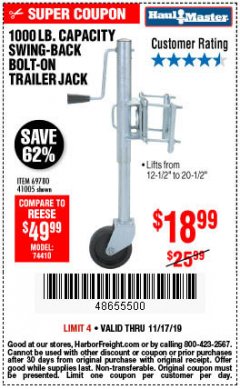 Harbor Freight Coupon 1000 LB. CAPACITY SWING-BACK TRAILER JACK Lot No. 41005/69780 Expired: 11/17/19 - $18.99