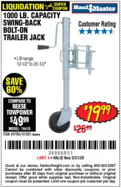 Harbor Freight Coupon 1000 LB. CAPACITY SWING-BACK TRAILER JACK Lot No. 41005/69780 Expired: 3/31/20 - $19.99
