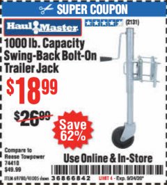 Harbor Freight Coupon 1000 LB. CAPACITY SWING-BACK TRAILER JACK Lot No. 41005/69780 Expired: 9/24/20 - $18.99