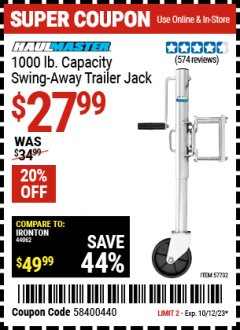 Harbor Freight Coupon 1000 LB. CAPACITY SWING-BACK TRAILER JACK Lot No. 41005/69780 Expired: 10/12/23 - $27.99
