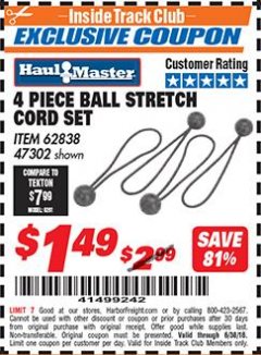 Harbor Freight ITC Coupon 4 PIECE BALL STRETCH CORD SET Lot No. 62838/47302 Expired: 6/30/18 - $1.49