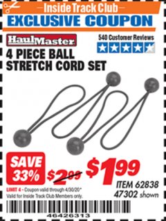 Harbor Freight ITC Coupon 4 PIECE BALL STRETCH CORD SET Lot No. 62838/47302 Expired: 4/30/20 - $1.99