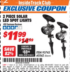 Harbor Freight ITC Coupon 2 PIECE SOLAR LED SPOT LIGHTS Lot No. 60562 Expired: 3/31/19 - $11.99