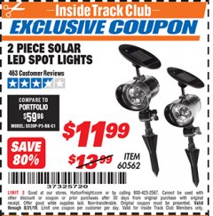 Harbor Freight ITC Coupon 2 PIECE SOLAR LED SPOT LIGHTS Lot No. 60562 Expired: 8/31/19 - $11.99