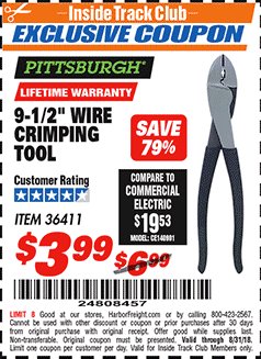 Harbor Freight ITC Coupon 9-1/2" WIRE CRIMPING TOOL Lot No. 36411 Expired: 8/31/18 - $3.99