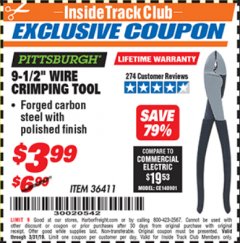 Harbor Freight ITC Coupon 9-1/2" WIRE CRIMPING TOOL Lot No. 36411 Expired: 3/31/19 - $3.99