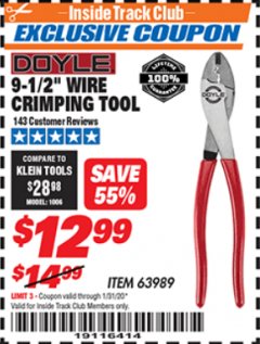 Harbor Freight ITC Coupon 9-1/2" WIRE CRIMPING TOOL Lot No. 36411 Expired: 1/31/20 - $12.99