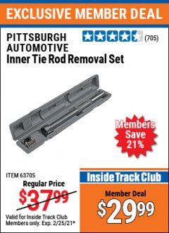 Harbor Freight ITC Coupon INNER TIE ROD REMOVAL SET Lot No. 63705 Expired: 2/25/21 - $29.99