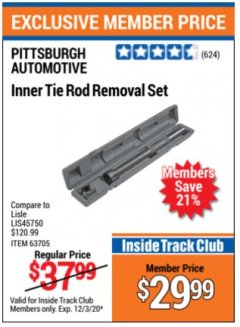 Harbor Freight Coupon INNER TIE ROD REMOVAL SET Lot No. 63705 Expired: 12/3/20 - $29.99