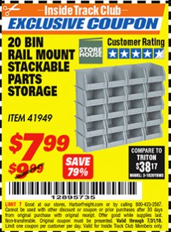 Harbor Freight ITC Coupon 20 BIN RAIL MOUNT STACKABLE PARTS STORAGE Lot No. 41949 Expired: 7/31/18 - $7.99